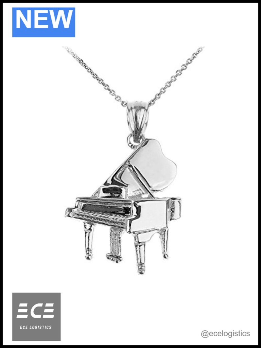 925 Sterling Silver Grand Piano Music Charm Pendant Necklace Rolo Chain 16 In